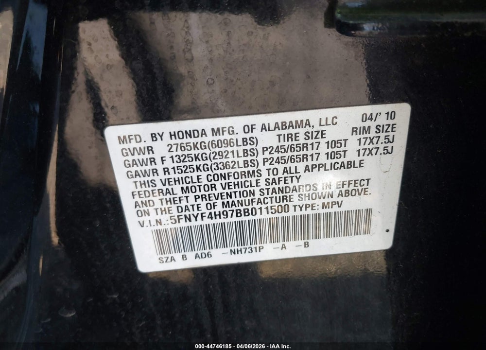 2011 HONDA PILOT TOURING VIN: 5FNYF4H97BB011500