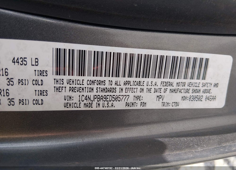 2014 JEEP PATRIOT SPORT VIN: 1C4NJPBA9ED505777
