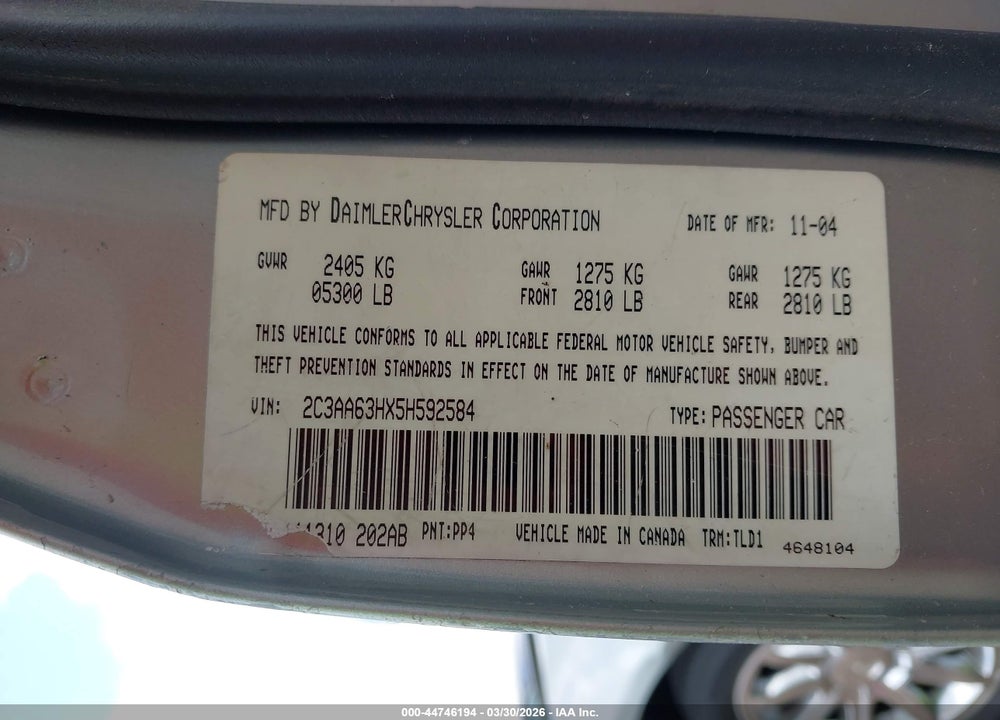2005 CHRYSLER 300C VIN: 2C3AA63HX5H592584