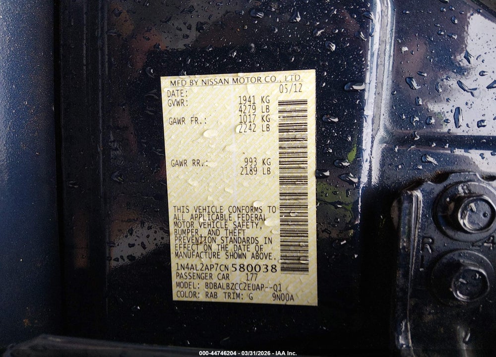 2012 NISSAN ALTIMA 2.5 S VIN: 1N4AL2AP7CN580038