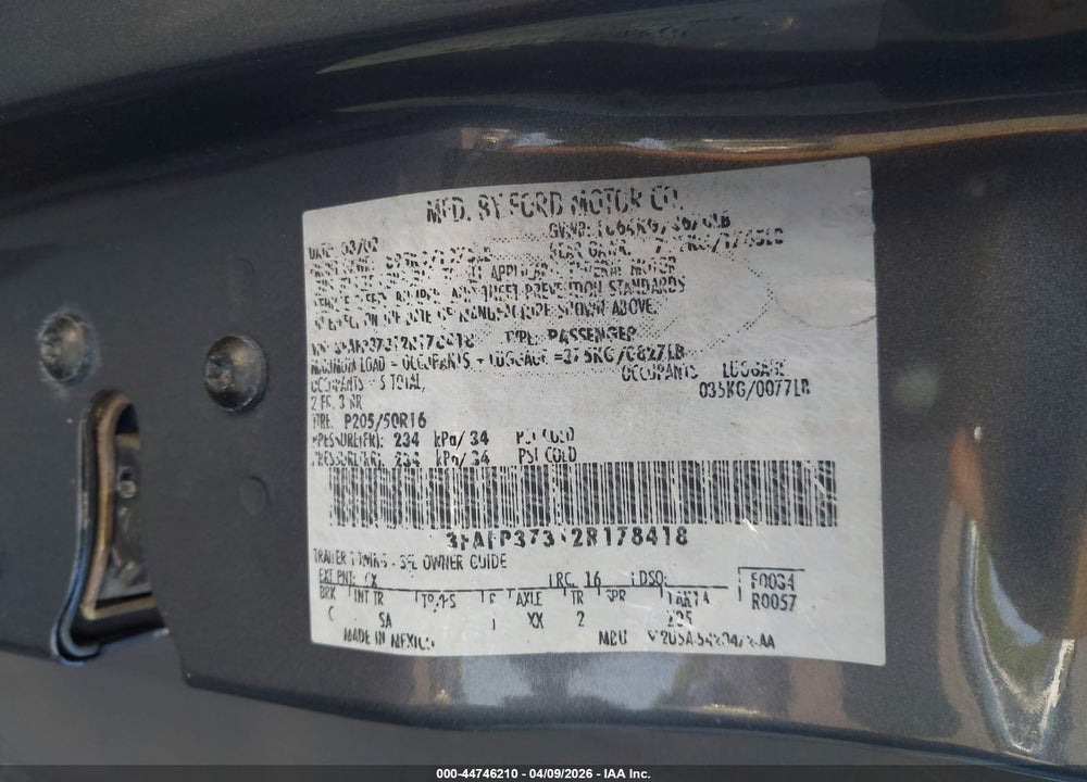 2002 FORD FOCUS ZX5 VIN: 3FAFP37312R178418