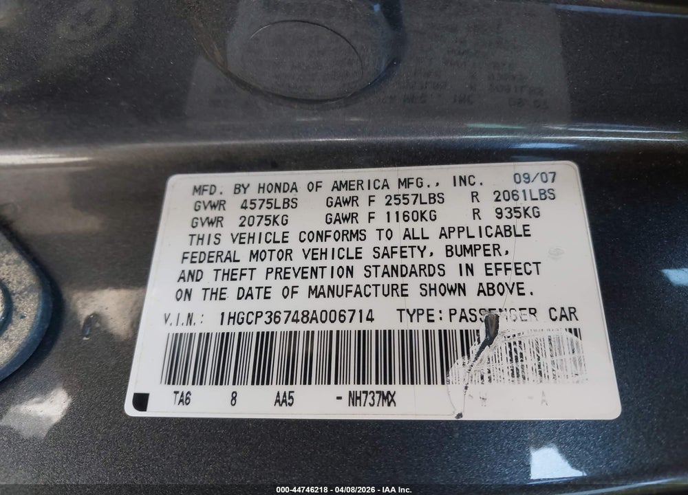 2008 HONDA ACCORD 3.5 EX VIN: 1HGCP36748A006714