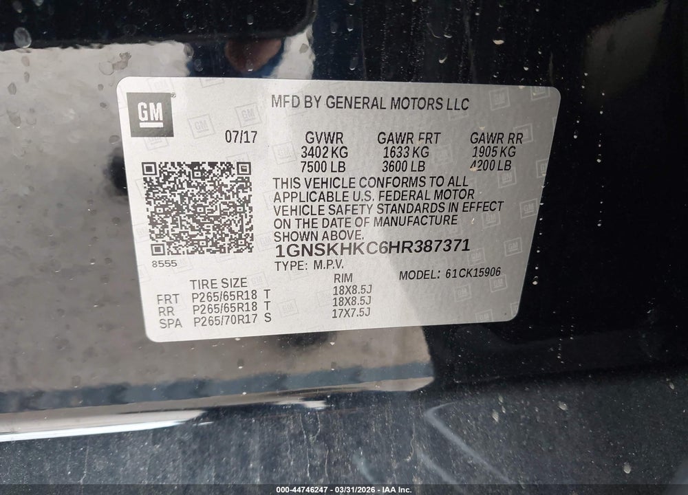 2017 CHEVROLET SUBURBAN LT VIN: 1GNSKHKC6HR387371