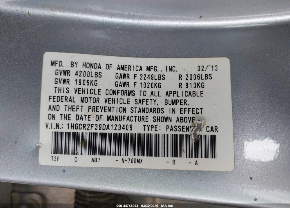 2013 HONDA ACCORD LX VIN: 1HGCR2F39DA123409