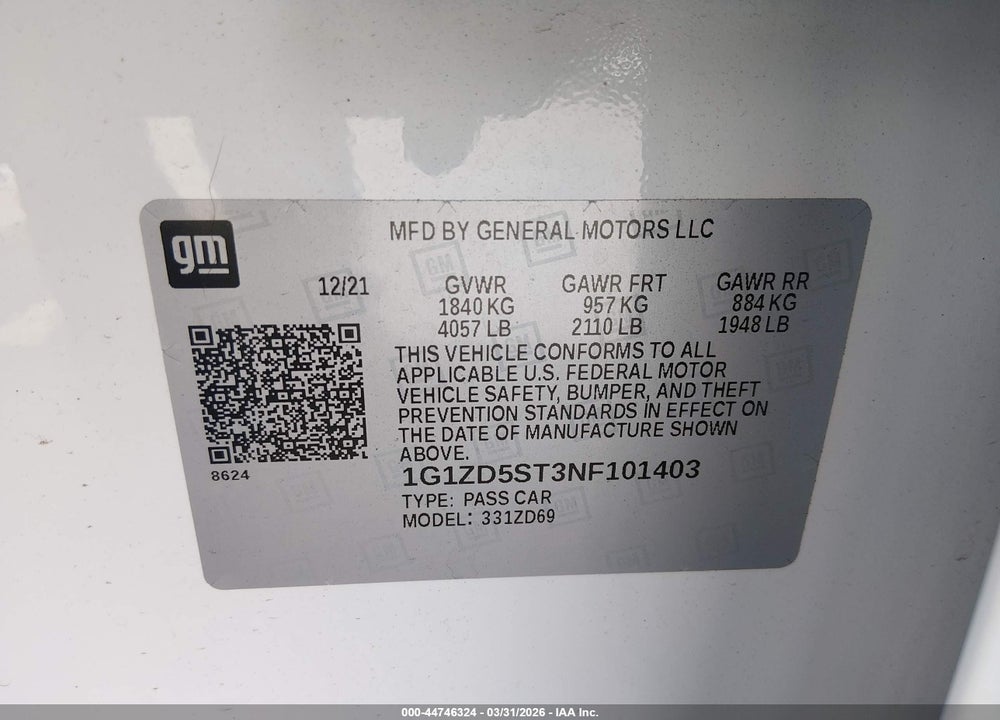 2022 CHEVROLET MALIBU FWD LT VIN: 1G1ZD5ST3NF101403