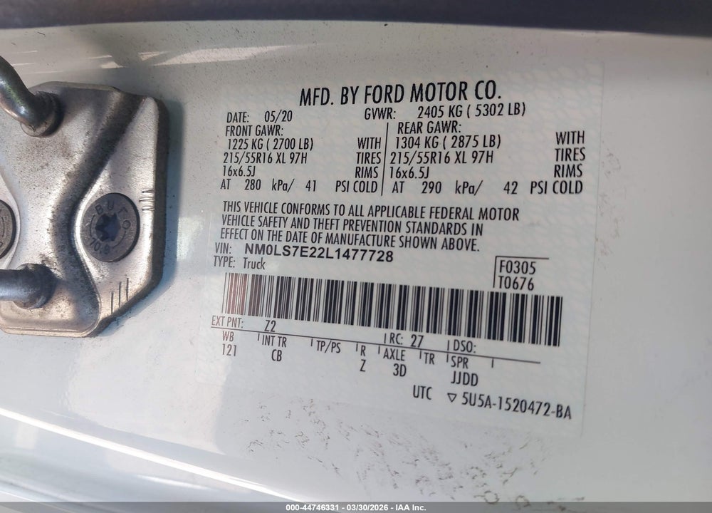 2020 FORD TRANSIT CONNECT XL VIN: NM0LS7E22L1477728