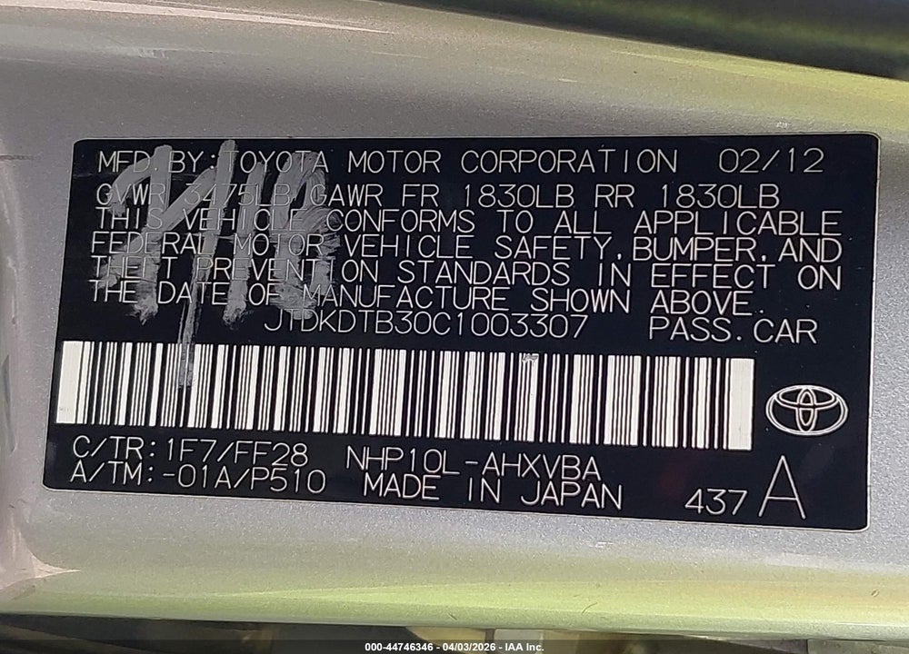 2012 TOYOTA PRIUS C TWO VIN: JTDKDTB30C1003307