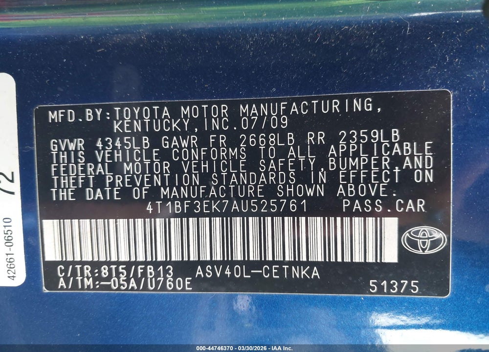 2010 TOYOTA CAMRY LE VIN: 4T1BF3EK7AU525761