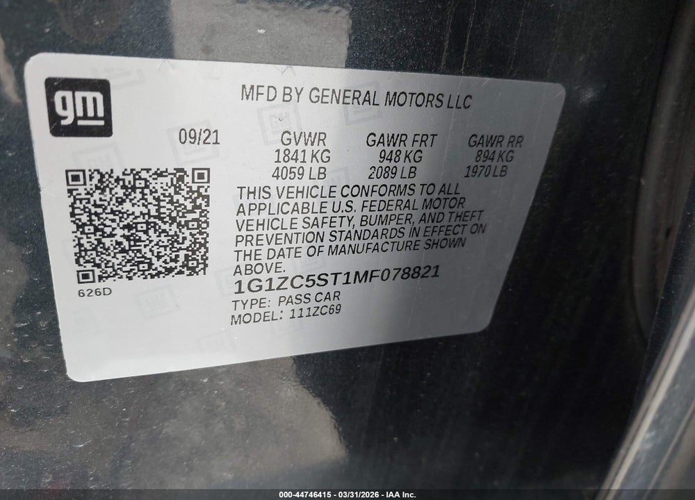 2021 CHEVROLET MALIBU FWD 1FL VIN: 1G1ZC5ST1MF078821