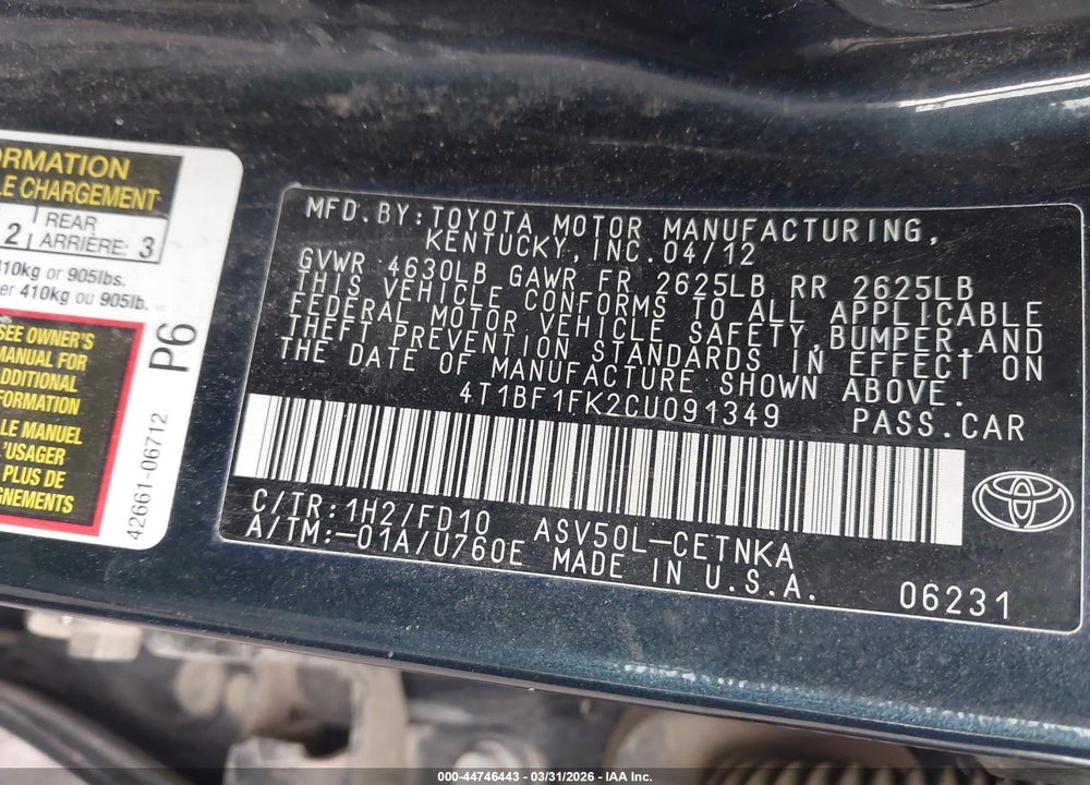 2012 TOYOTA CAMRY LE VIN: 4T1BF1FK2CU091349