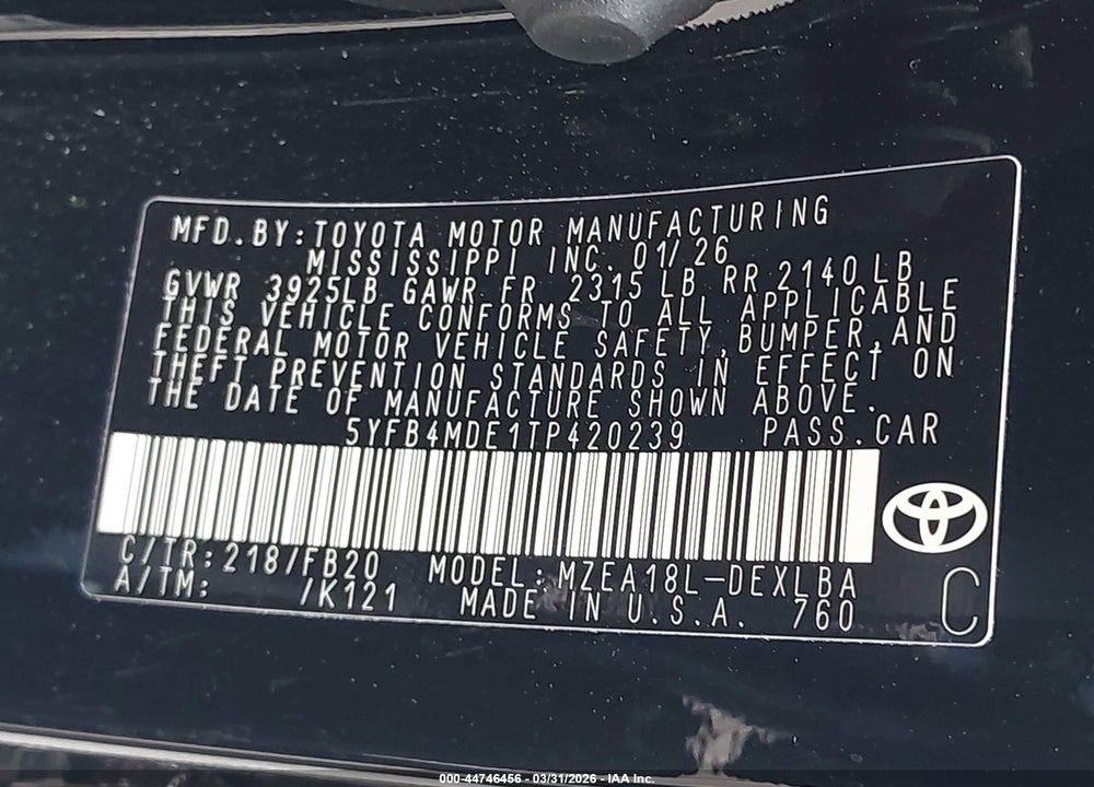 2026 TOYOTA COROLLA LE VIN: 5YFB4MDE1TP420239