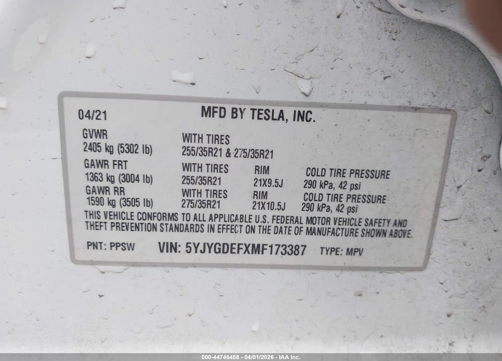 2021 TESLA MODEL Y PERFORMANCE DUAL MOTOR ALL-WHEEL DRIVE VIN: 5YJYGDEFXMF173387