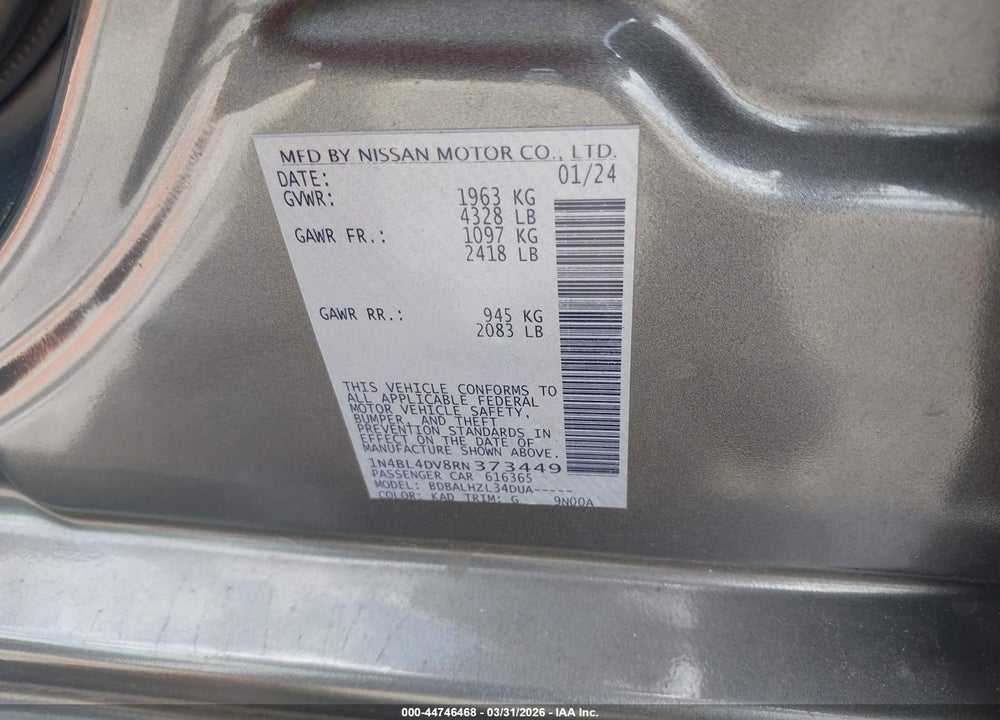 2024 NISSAN ALTIMA SV FWD VIN: 1N4BL4DV8RN373449