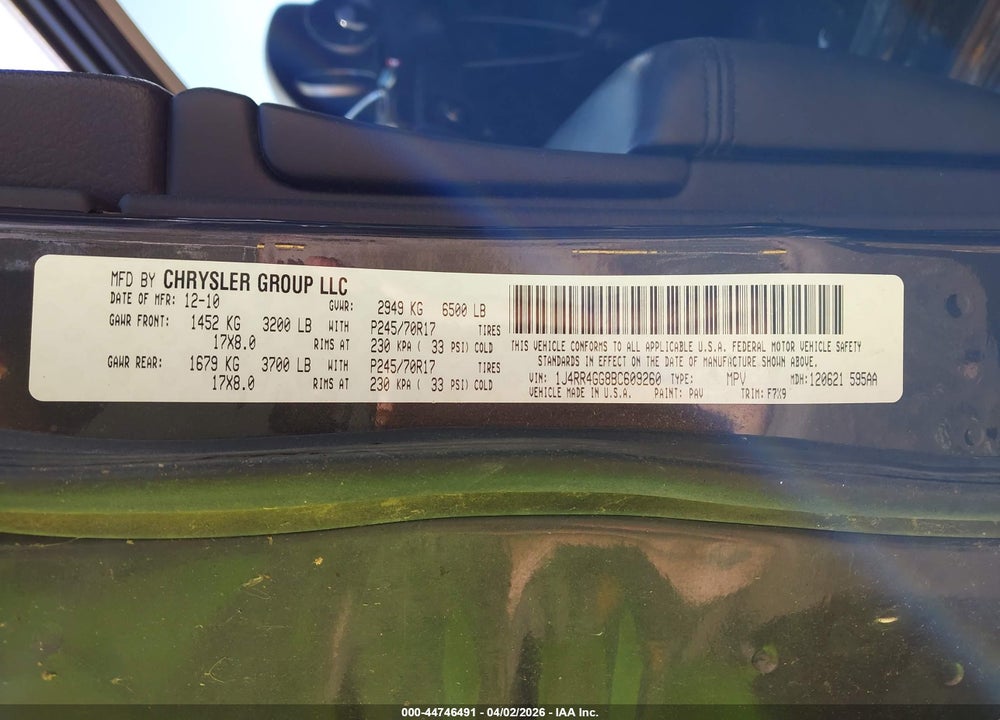 2011 JEEP GRAND CHEROKEE LAREDO VIN: 1J4RR4GG8BC609260