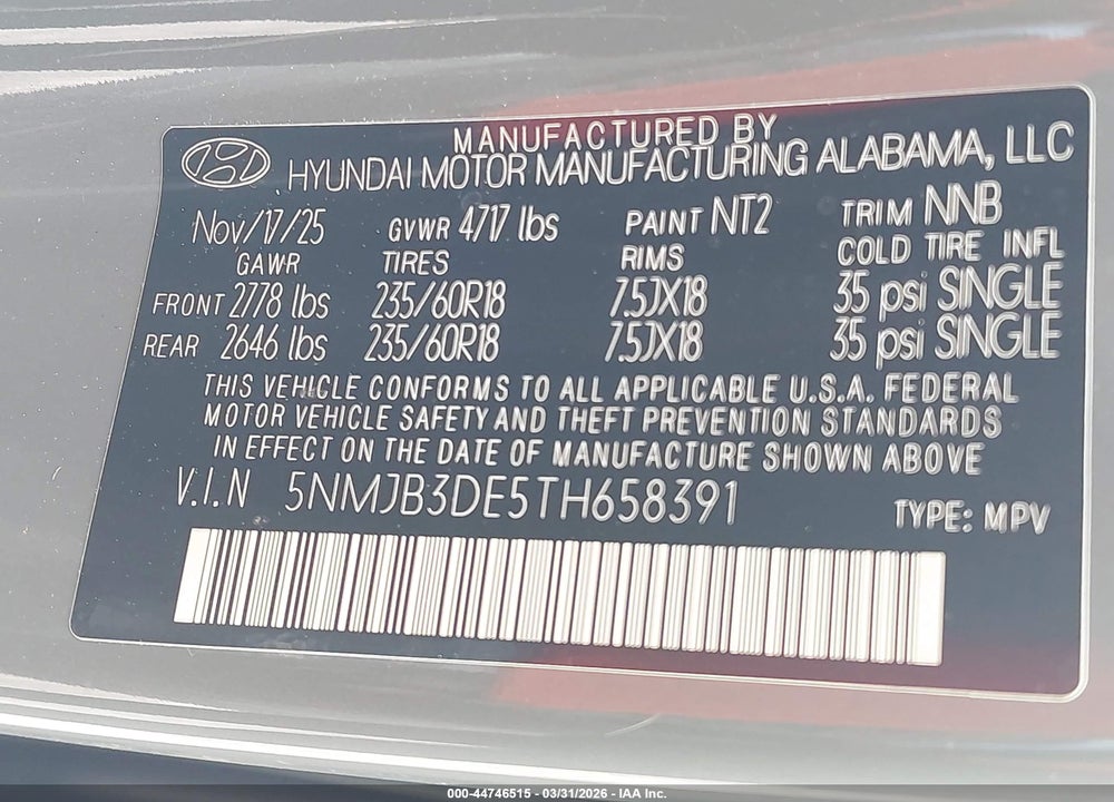2026 HYUNDAI TUCSON SEL VIN: 5NMJB3DE5TH658391