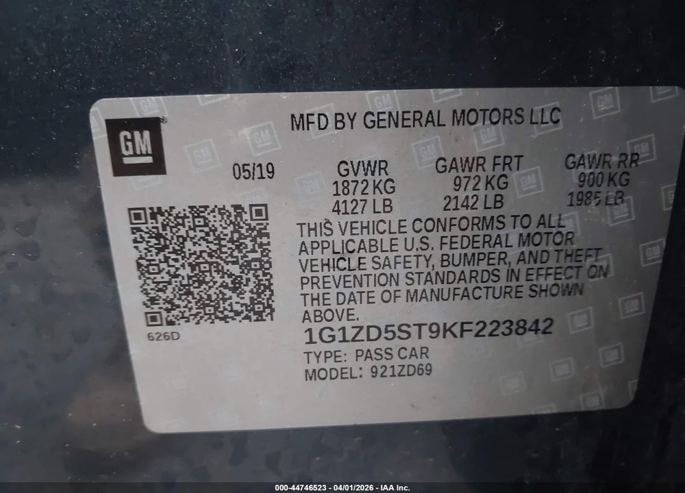 2019 CHEVROLET MALIBU LT VIN: 1G1ZD5ST9KF223842