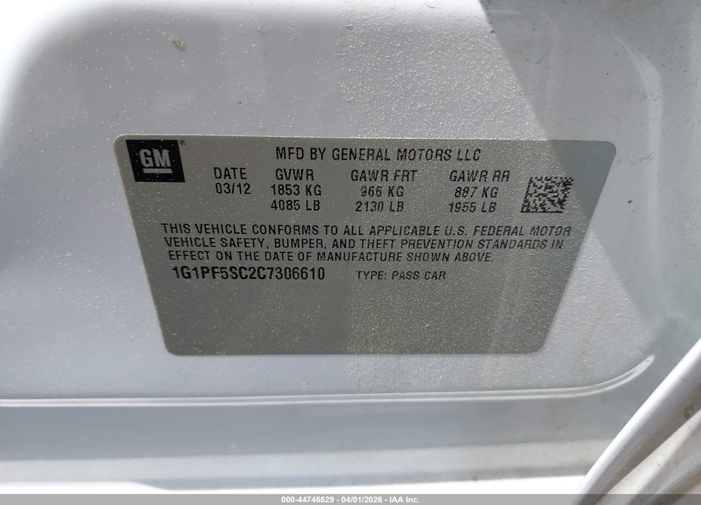 2012 CHEVROLET CRUZE 1LT VIN: 1G1PF5SC2C7306610