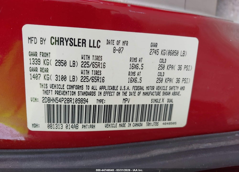 2008 DODGE GRAND CARAVAN SXT VIN: 2D8HN54P28R109894