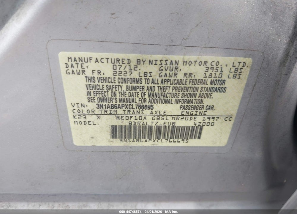 2012 NISSAN SENTRA 2.0 S VIN: 3N1AB6APXCL766695