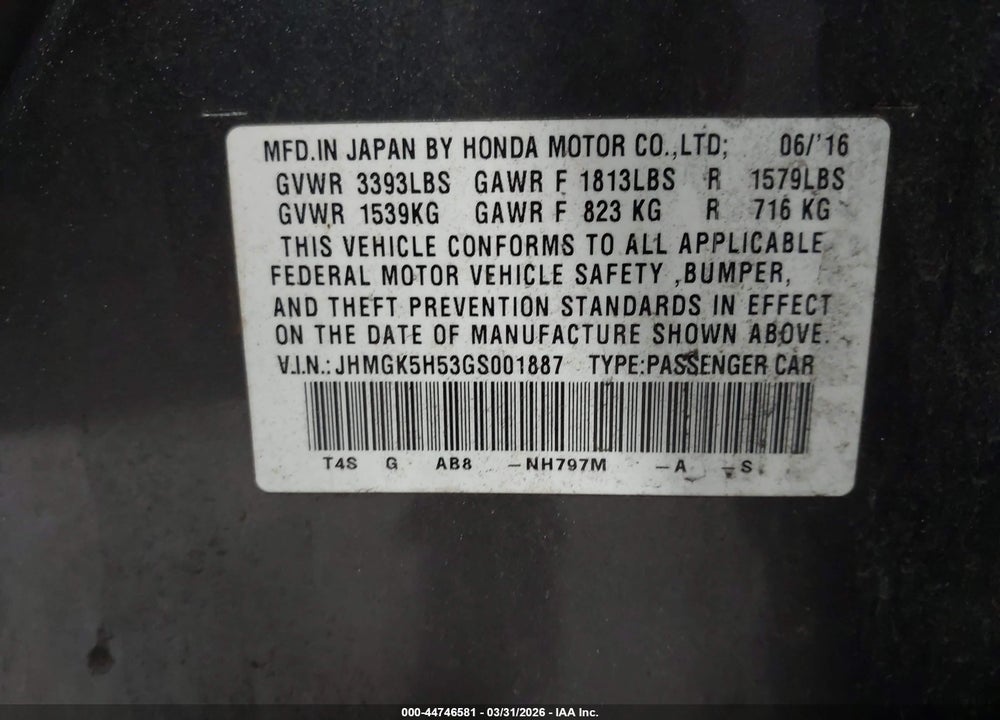 2016 HONDA FIT LX VIN: JHMGK5H53GS001887