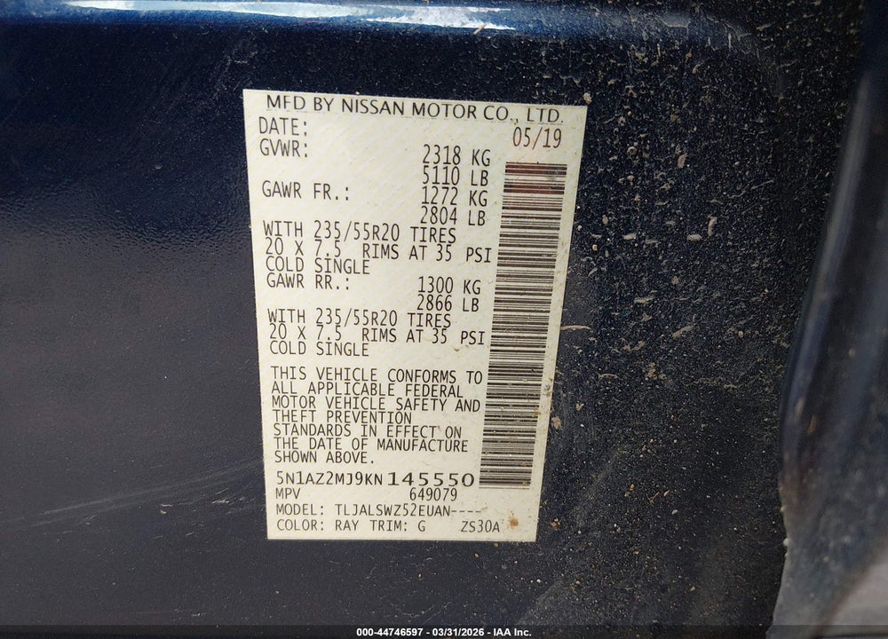 2019 NISSAN MURANO S VIN: 5N1AZ2MJ9KN145550