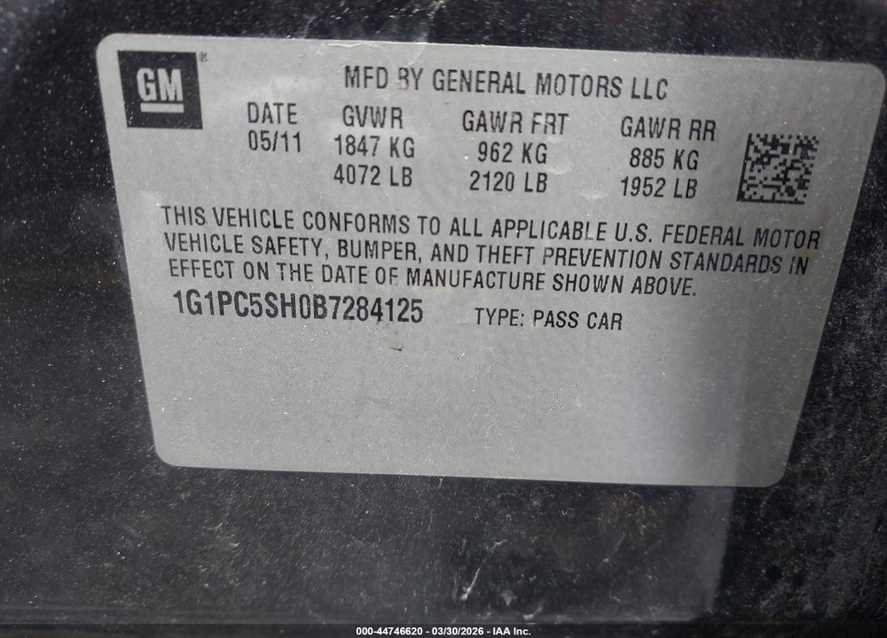 2011 CHEVROLET CRUZE LS VIN: 1G1PC5SH0B7284125