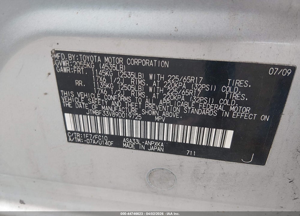 2009 TOYOTA RAV4 VIN: JTMBF33V89D019725