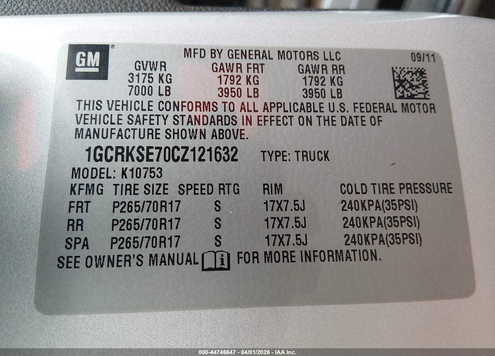 2012 CHEVROLET SILVERADO 1500 LT VIN: 1GCRKSE70CZ121632