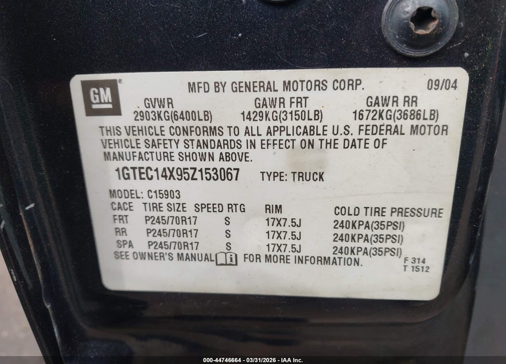 2005 GMC SIERRA 1500 WORK TRUCK VIN: 1GTEC14X95Z153067