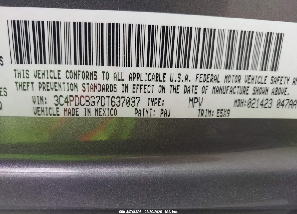 2013 DODGE JOURNEY SXT VIN: 3C4PDCBG7DT637037