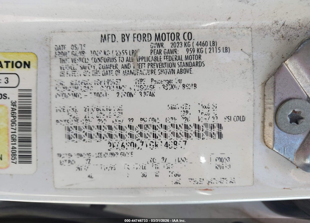 2016 FORD FUSION S VIN: 3FA6P0G71GR140857