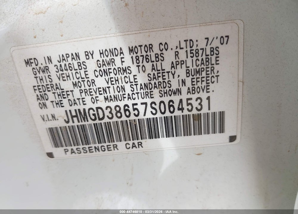 2007 HONDA FIT SPORT VIN: JHMGD38657S064531