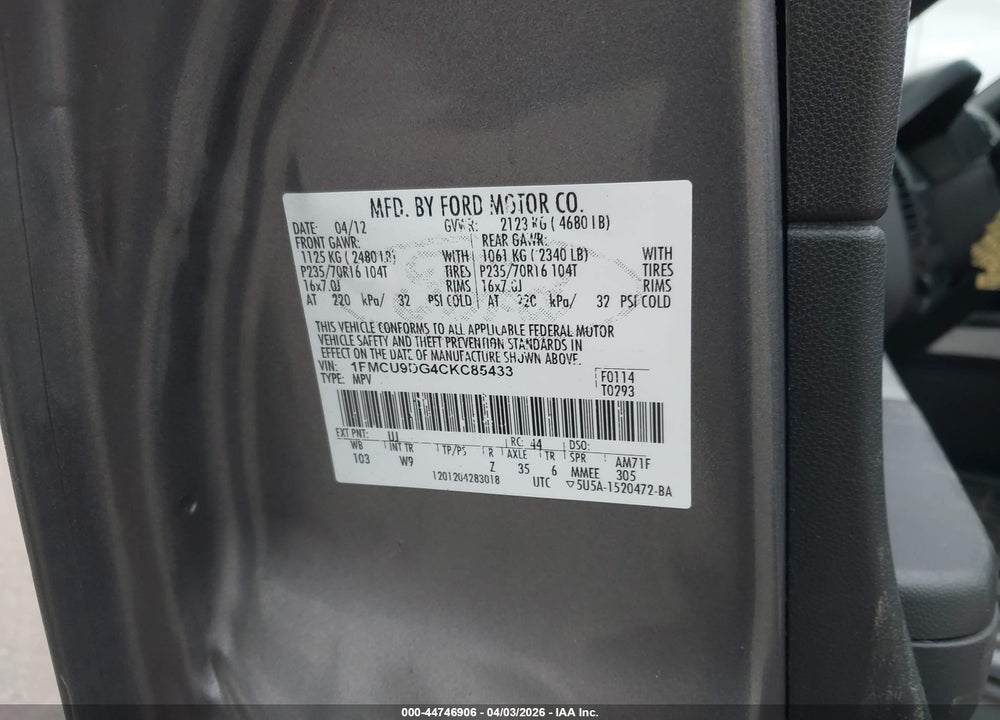2012 FORD ESCAPE VIN: 1FMCU9DG4CKC85433