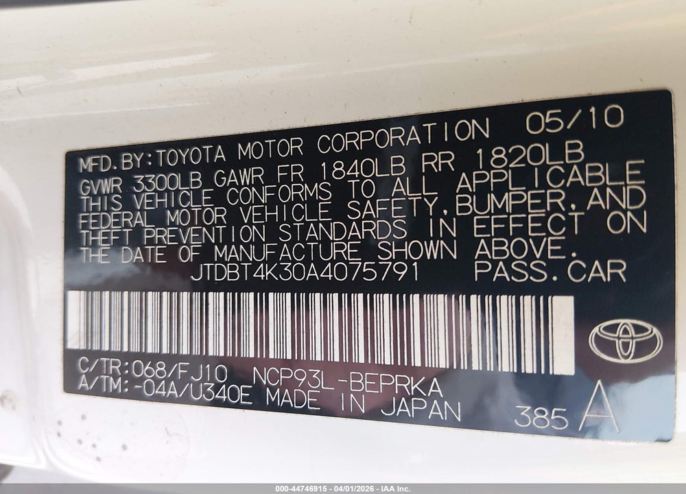 2010 TOYOTA YARIS VIN: JTDBT4K30A4075791