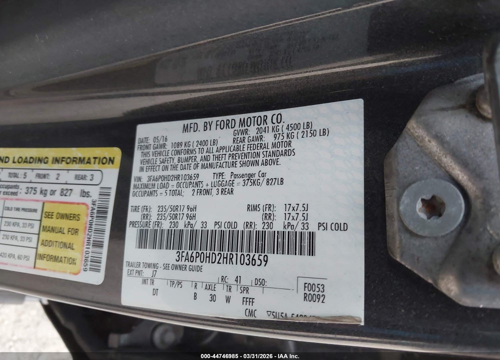 2017 FORD FUSION SE VIN: 3FA6P0HD2HR103659