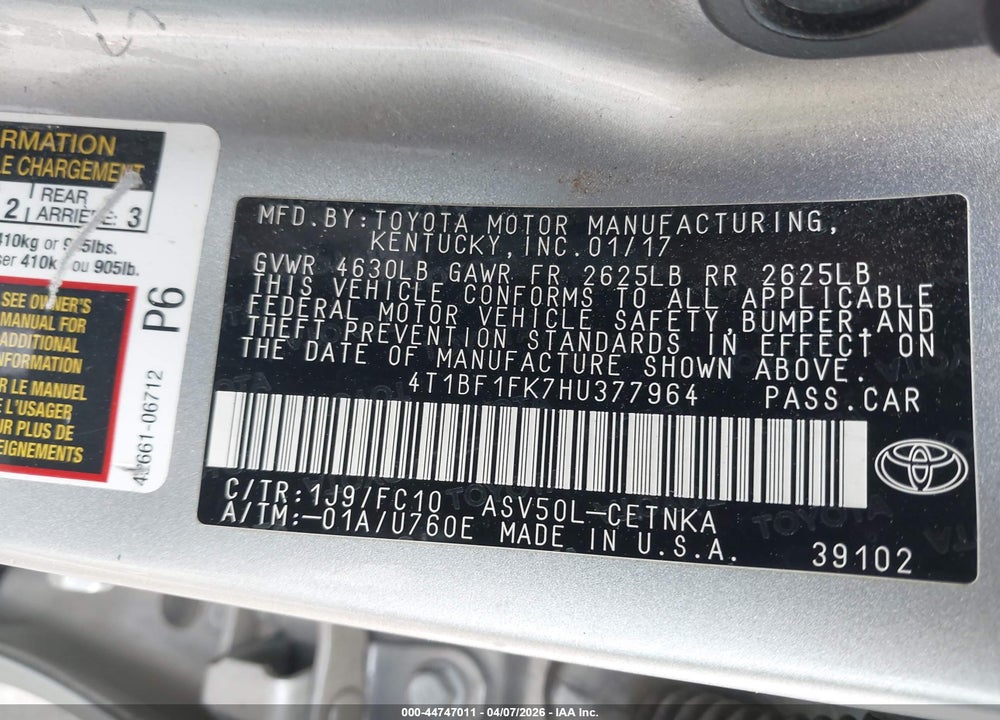 2017 TOYOTA CAMRY LE VIN: 4T1BF1FK7HU377964