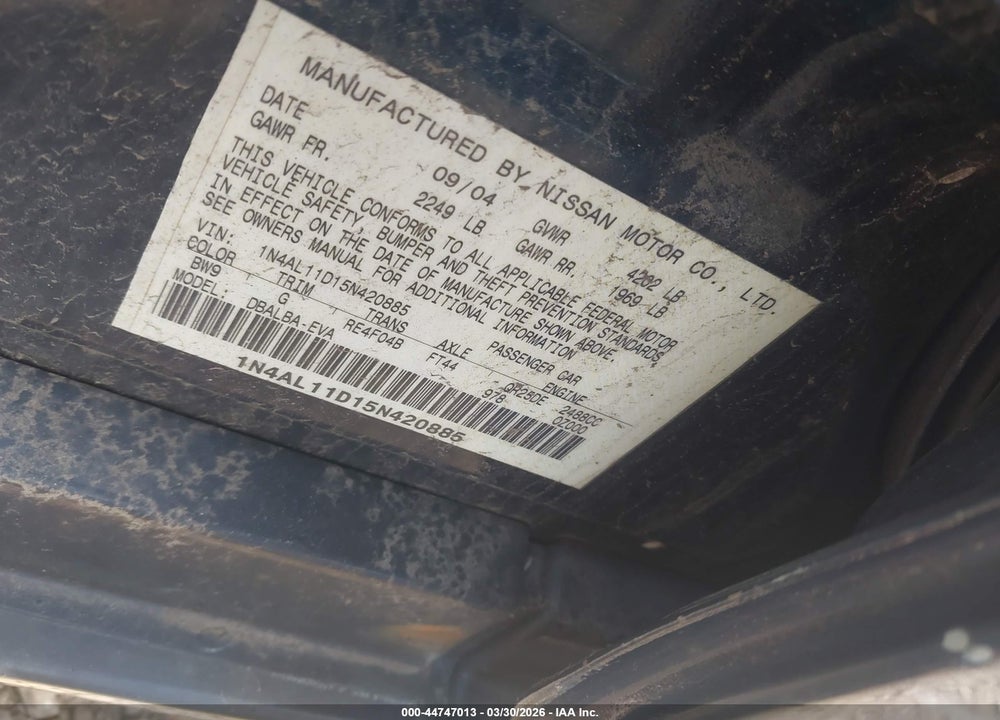 2005 NISSAN ALTIMA 2.5 S VIN: 1N4AL11D15N420885