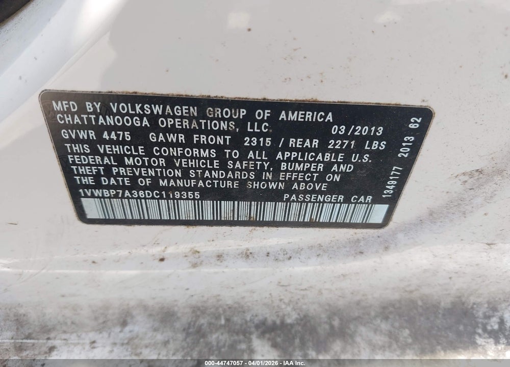 2013 VOLKSWAGEN PASSAT 2.5L SE VIN: 1VWBP7A36DC119355