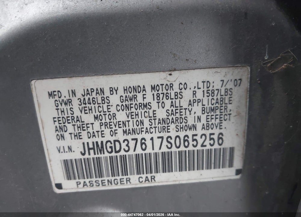 2007 HONDA FIT S VIN: JHMGD37617S065256