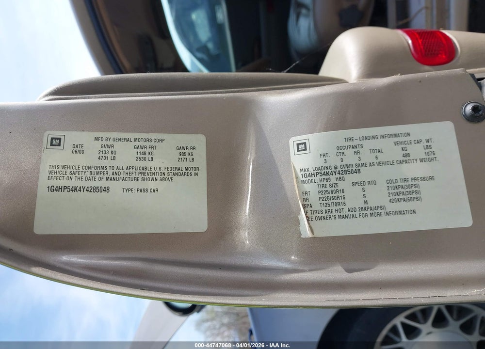 2000 BUICK LESABRE CUSTOM VIN: 1G4HP54K4Y4285048