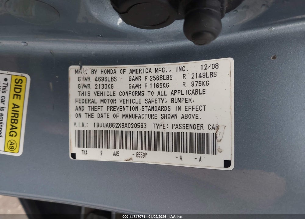 2009 ACURA TL 3.5 VIN: 19UUA862X9A020593