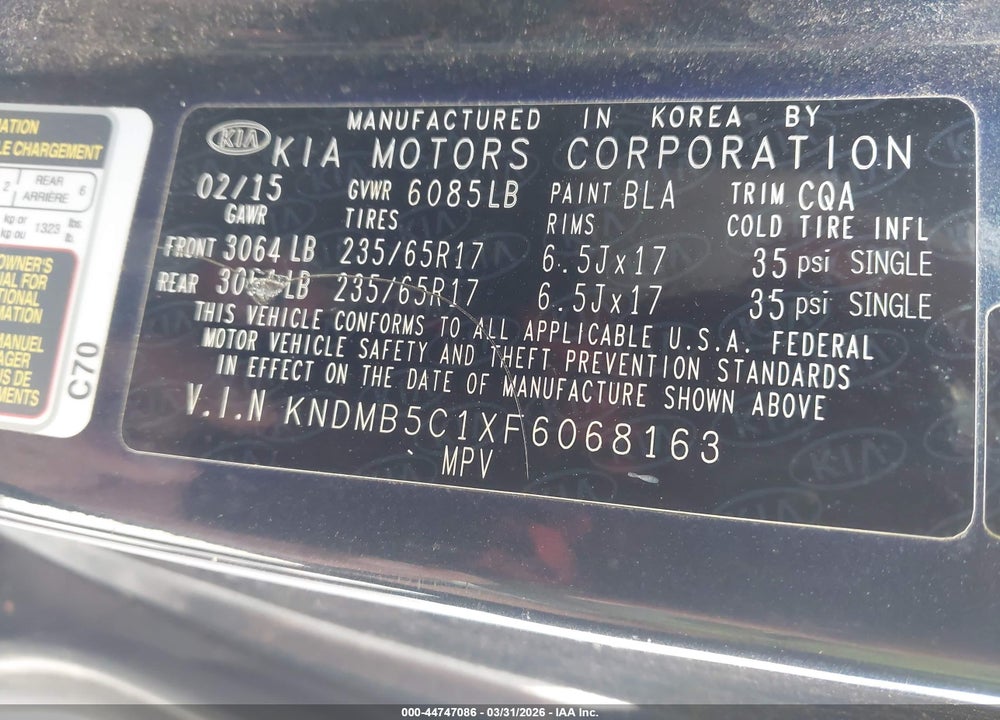 2015 KIA SEDONA LX VIN: KNDMB5C1XF6068163