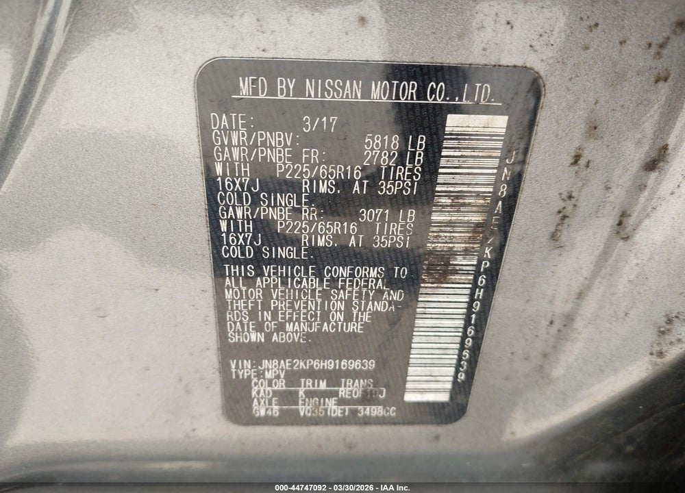2017 NISSAN QUEST SV VIN: JN8AE2KP6H9169639