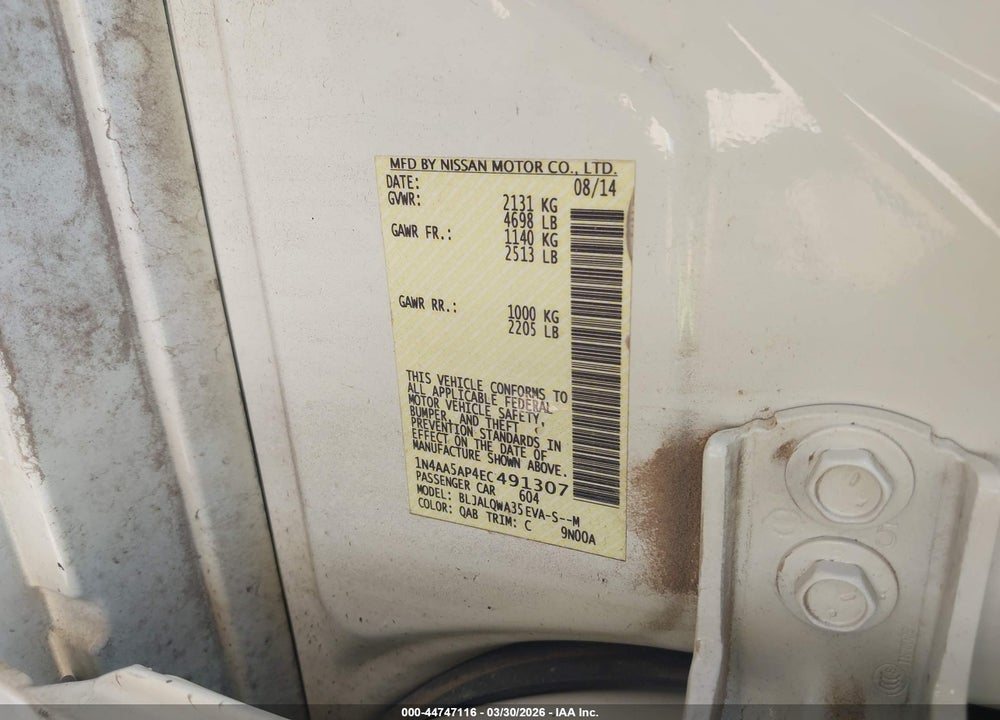2014 NISSAN MAXIMA 3.5 S VIN: 1N4AA5AP4EC491307