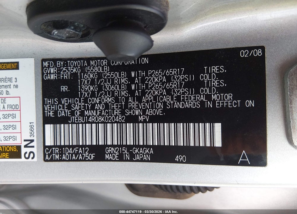 2008 TOYOTA 4RUNNER SR5 V6 VIN: JTEBU14R08K020482