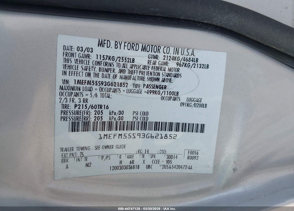 2003 MERCURY SABLE LS P VIN: 1MEFM55S93G621852