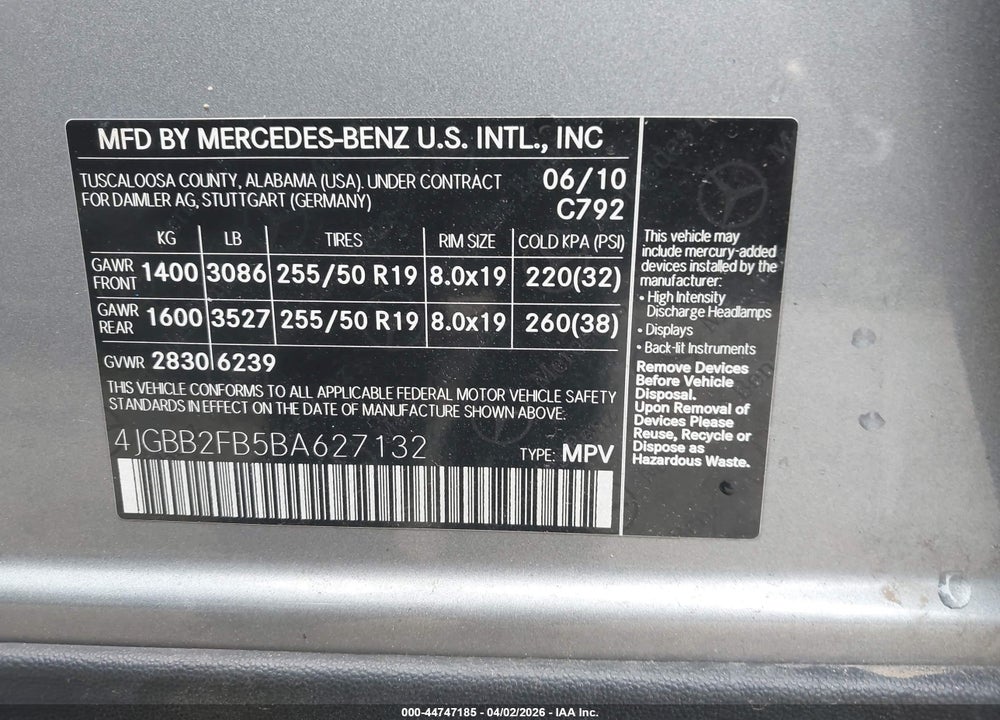 2011 MERCEDES-BENZ ML 350 BLUETEC 4MATIC VIN: 4JGBB2FB5BA627132