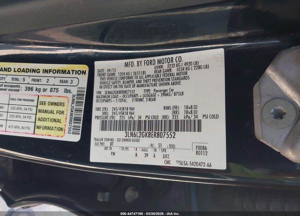 2014 LINCOLN MKZ VIN: 3LN6L2GK8ER807552