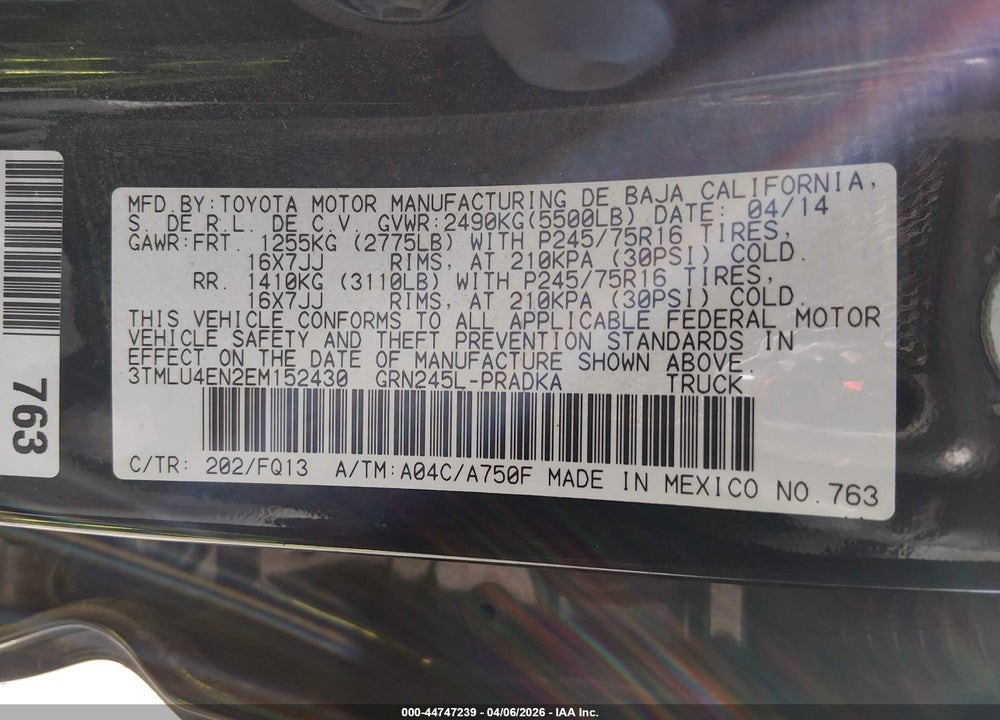 2014 TOYOTA TACOMA BASE V6 VIN: 3TMLU4EN2EM152430