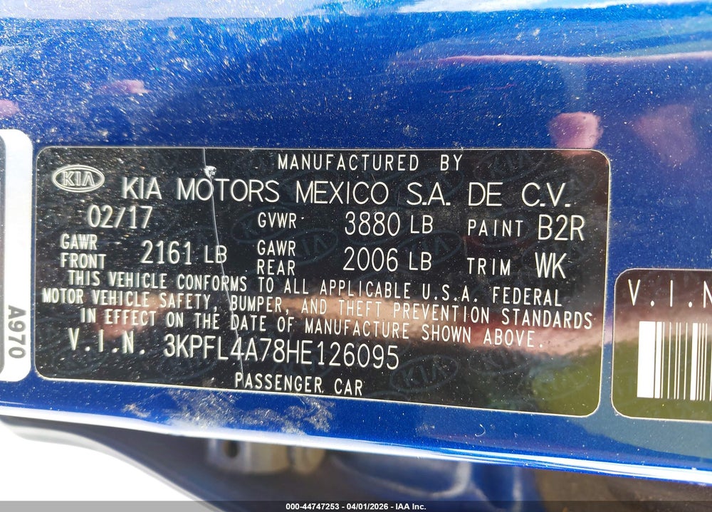 2017 KIA FORTE S VIN: 3KPFL4A78HE126095